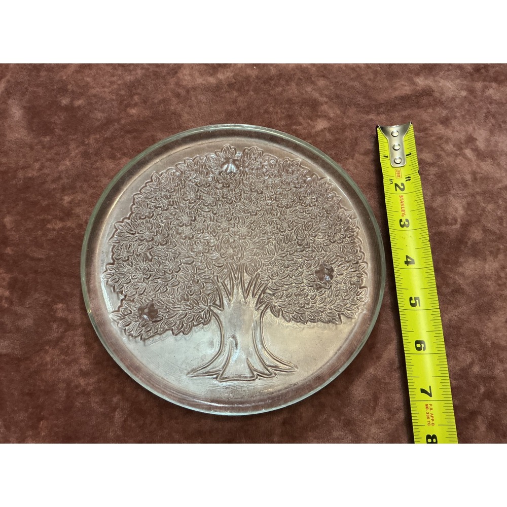 Vintage Clear Glass Tree of Life Round Serving Platter Trivet 7.5 Inch
